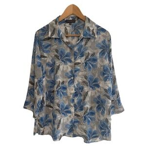 Classic Editions Sheer Floral Blouse L Cottagecore Blue Botanical CHIC Button up